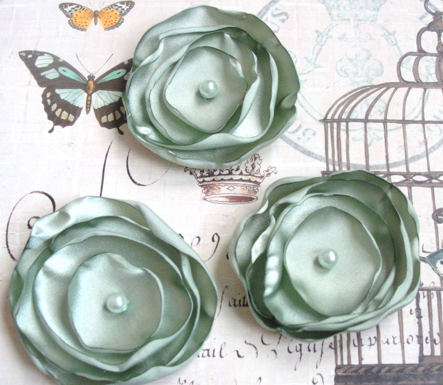 3 Mint green Satin hair flowers for bridesmaids/bride/bridal party