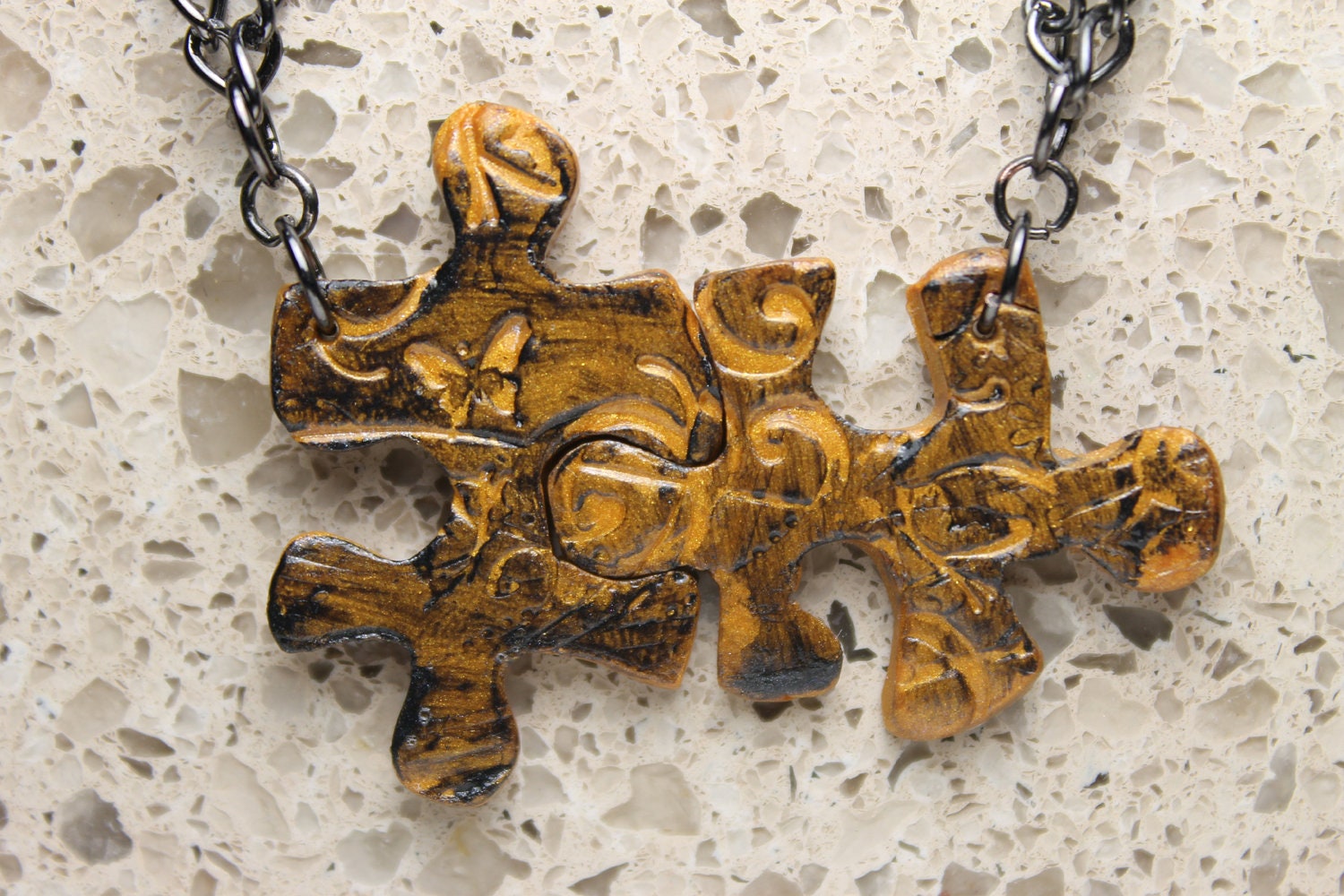Gold Puzzle Pieces Interlocking Necklace Set Polymer clay Necklace Butterflys and Swirls Set 3