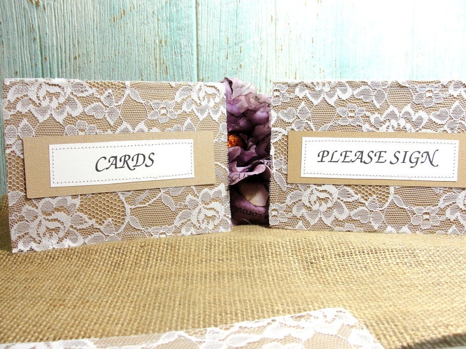 Wedding Reception Signs Rustic Elegant Table Cards Labels Sewn Kraft & Lace, Custom colors Set of 4