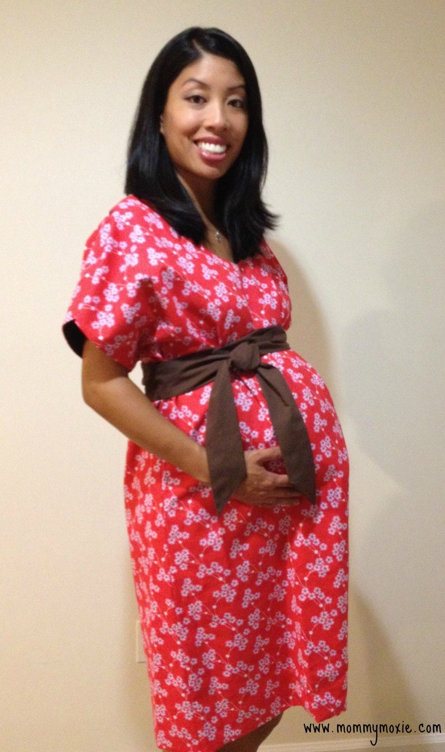 Evan Maternity Hospital Delivery Gown - Pink and Red Floral - Unique Gift - By Mommy Moxie on Etsy