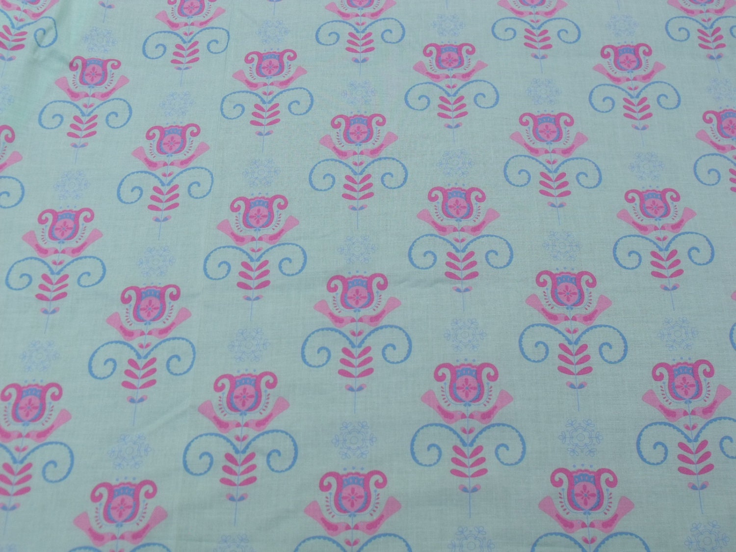 Cotton Fabric, 1 Yard, Folk Heart Tulip, Green, Pink, Blue, Quilting, Quilt, Sewing, Decor, Pillow, Wall Hanging, Crafts