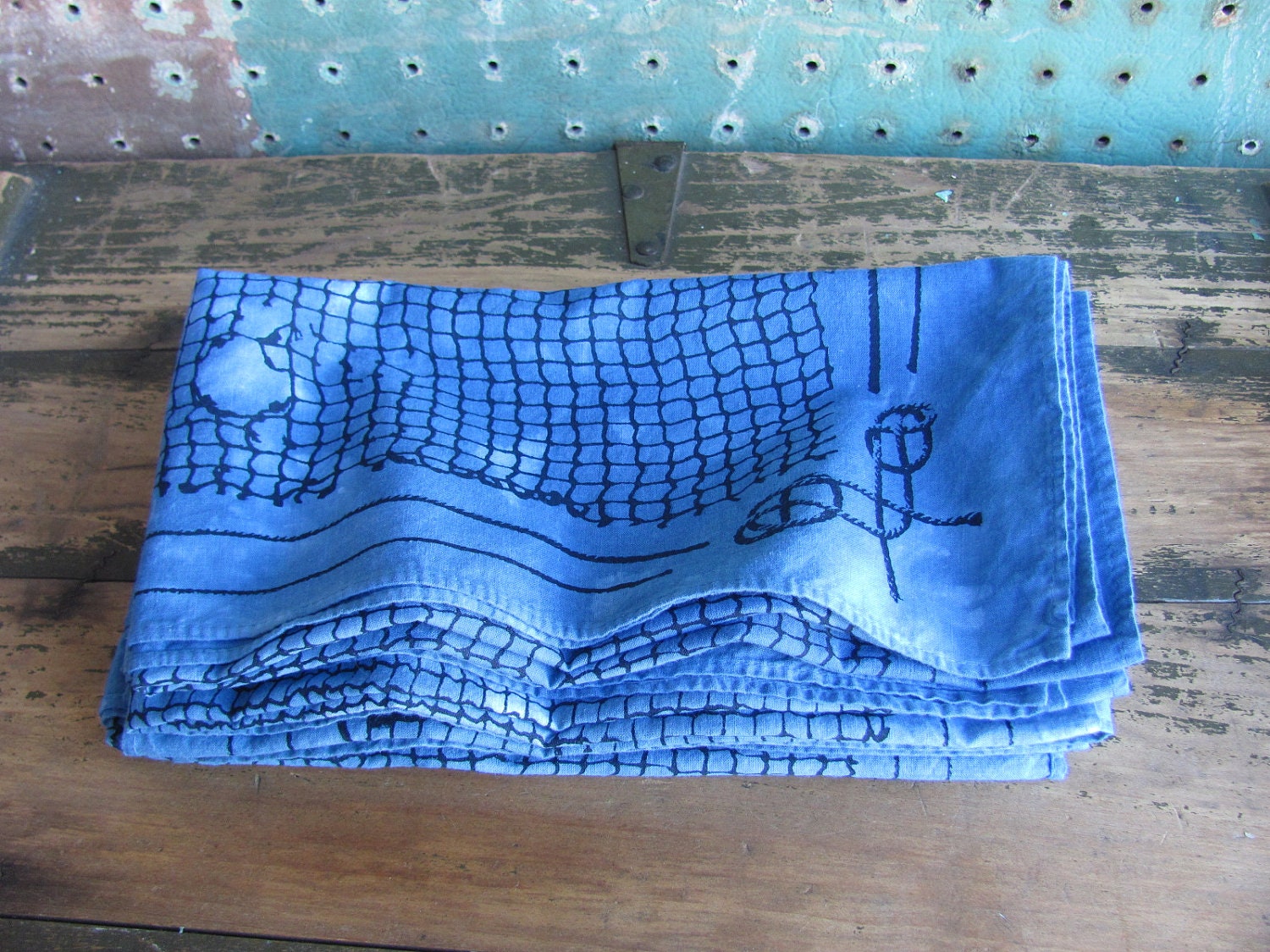 fisherman's knots & net print bandana - natural indigo-dyed screen printed