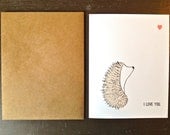 Hedgehog Valentine - hand drawn character printed on solid white cardstock folded A2 cards (set of 8) with kraft envelopes - boxed set