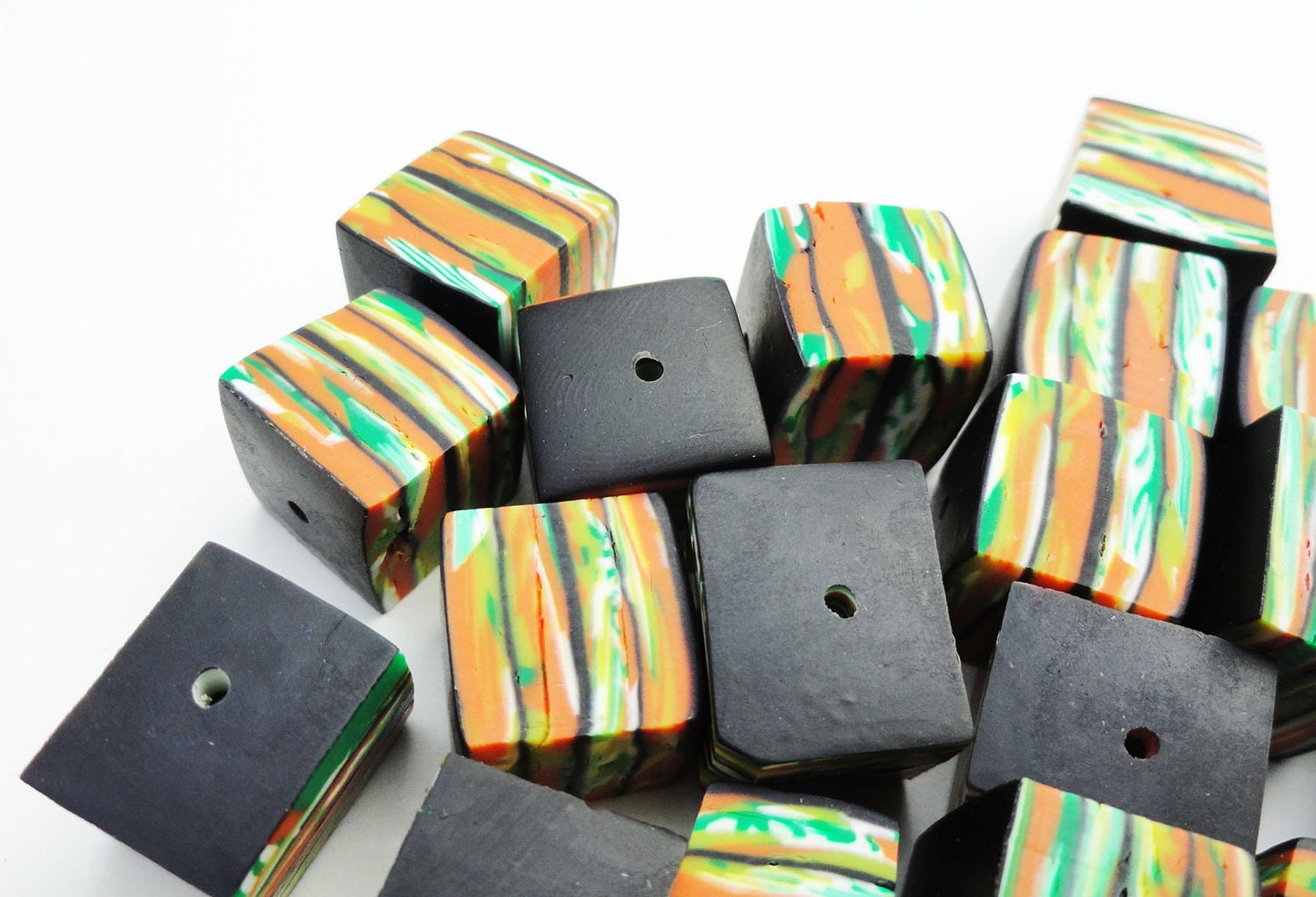 Art Beads Polymer Clay Beads Handmade Green Yellow Orange Cube Square Black Tangerine Pumpkin Carrot Set of  10 ten