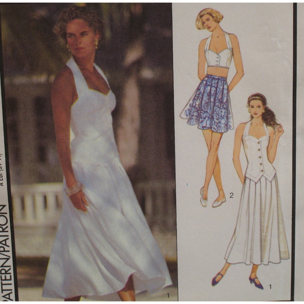 Fitted Halter Top, Pleated Skirt Pattern, Midriff Length, Shaped Hem, Style No. 1743 UNCUT Size 6 8 10 12 14 16