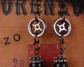 Steampunk Sky Captain cog and black pearl earrings E010