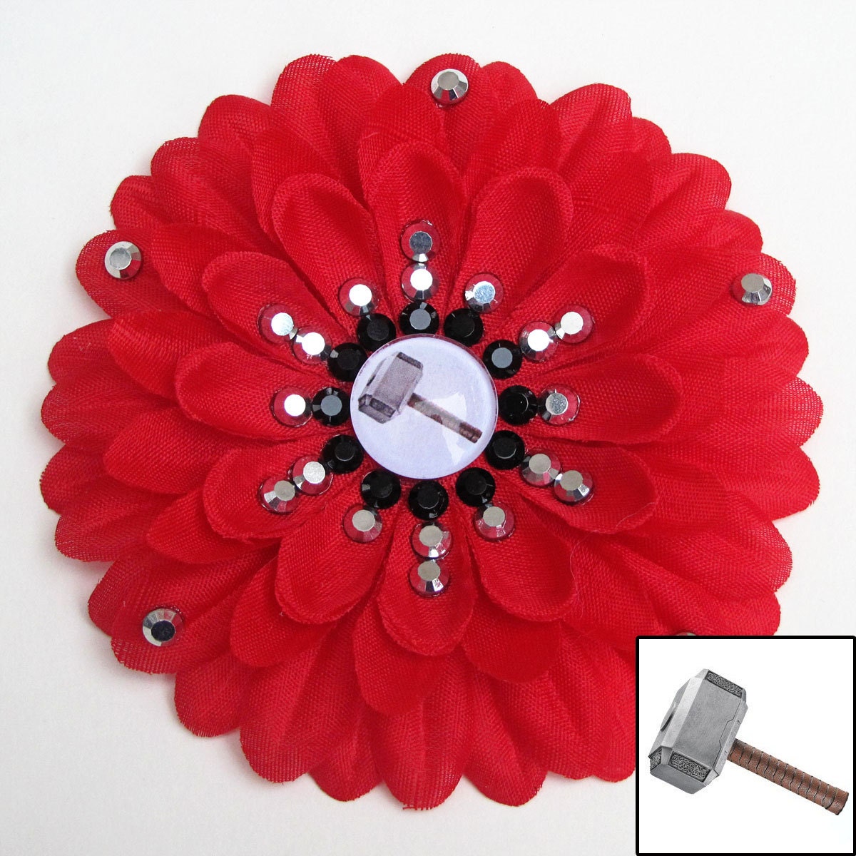 Thor's Hammer Mjolnir Red Penny Blossom Rhinestone Flower Barrette