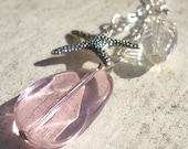 Starfish Necklace - Pink White Clear Silver Chain Glass Metal Long Charn Necklace