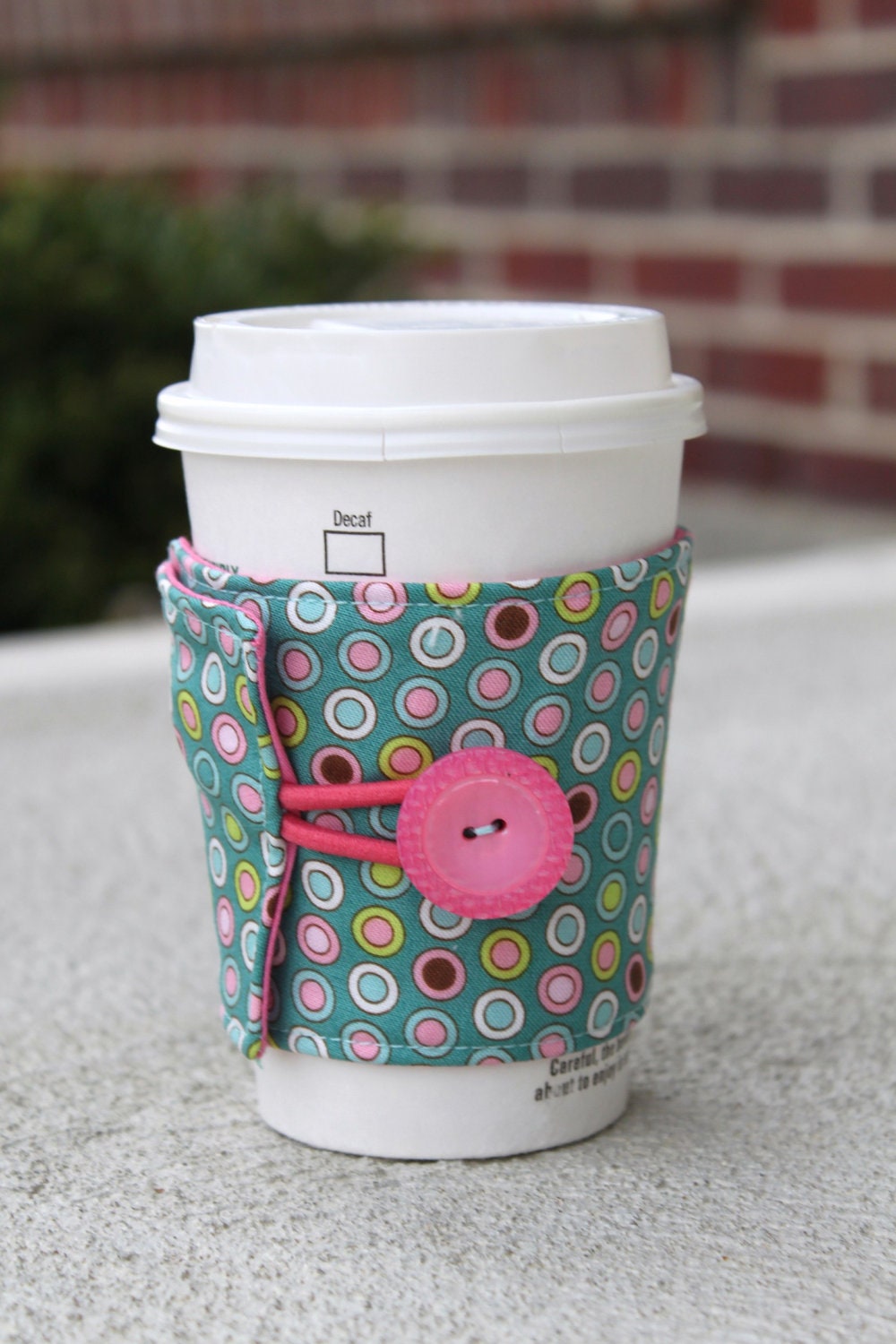 Reusable Coffee Coozie / Cup Sleeve - Penny Lane by Riley Blake Designs - Teal, Pink, and Lime Green Circles