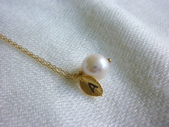 initial necklace with freshwater pearl in gold or silver-tiny leaf charm necklace-initial charm necklace-tiny silver leaf charm necklace