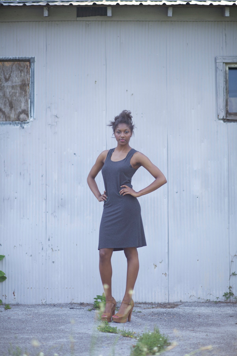 Gray Cutout Tank T Dress with mint accent
