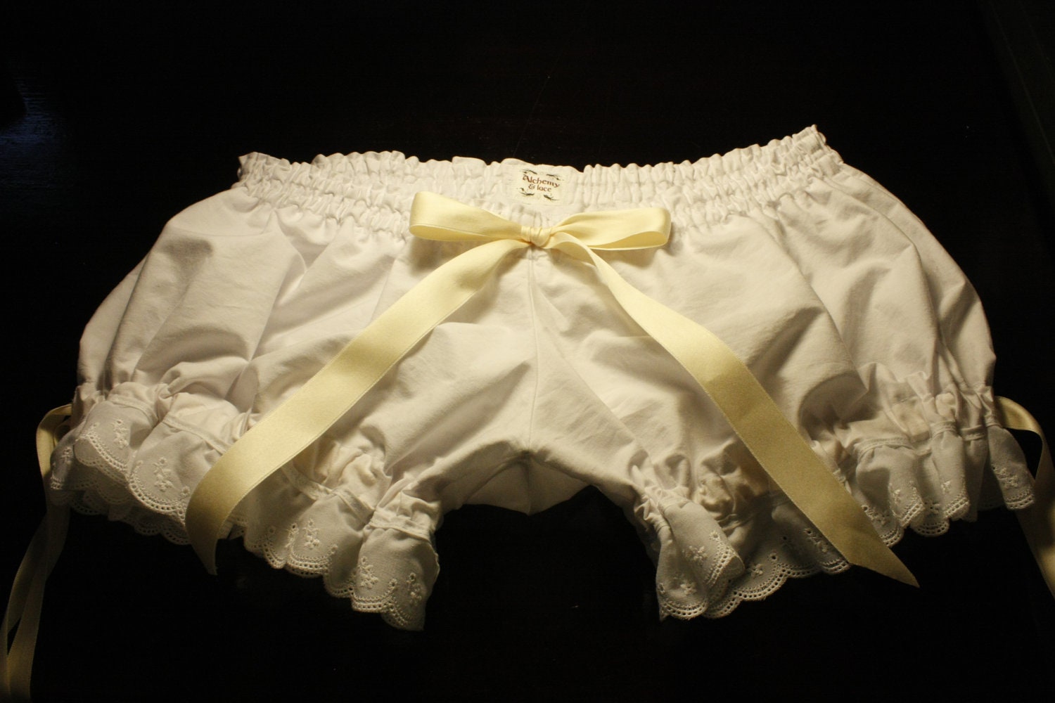White Cotton Muslin Bloomers with Cream Cotton Ribbon
