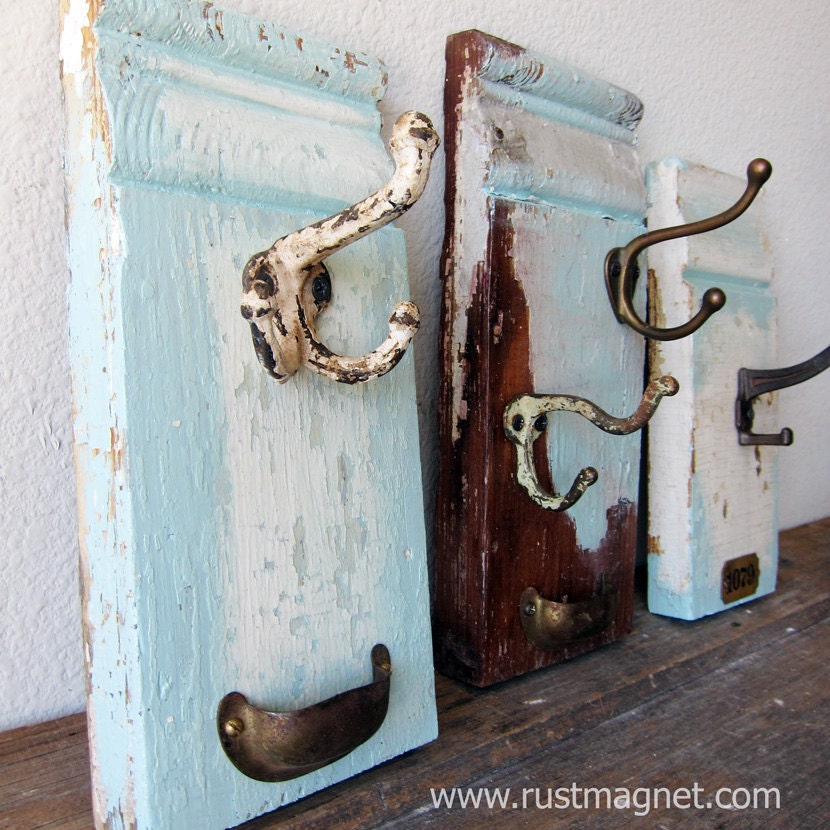 Multi-purpose Hook from Reclaimed Materials White and Robin's Egg Blue Chippy Paint