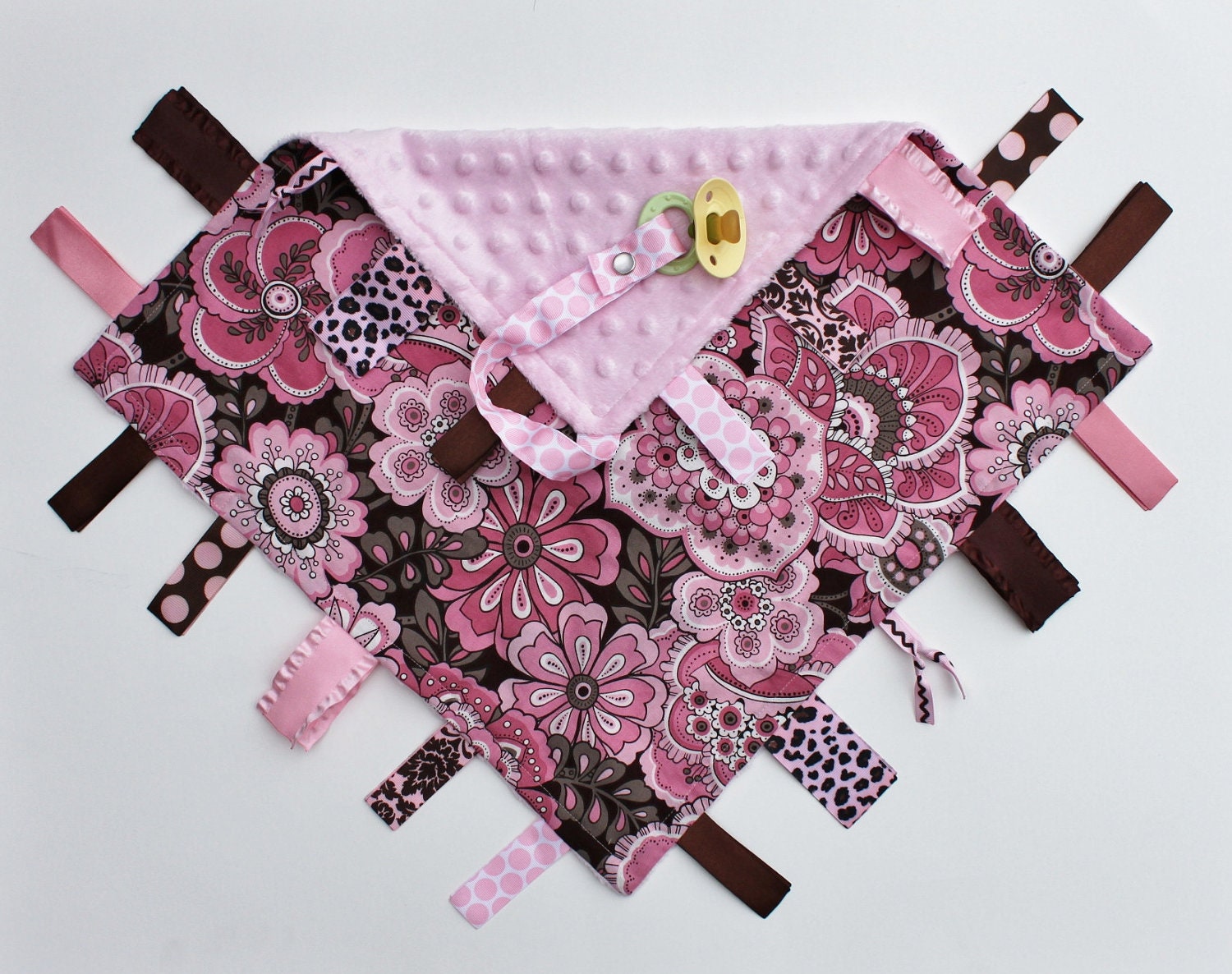 Large Baby Girl Ribbon Tag Sensory Blanket Pink and Brown Flowers Pacifier Clip 16 x 16 Pink Dot Minky