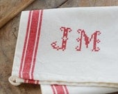 Monogrammed French Red Stripe Kitchen Towel with Personalized Hand Stitched Initials - RED