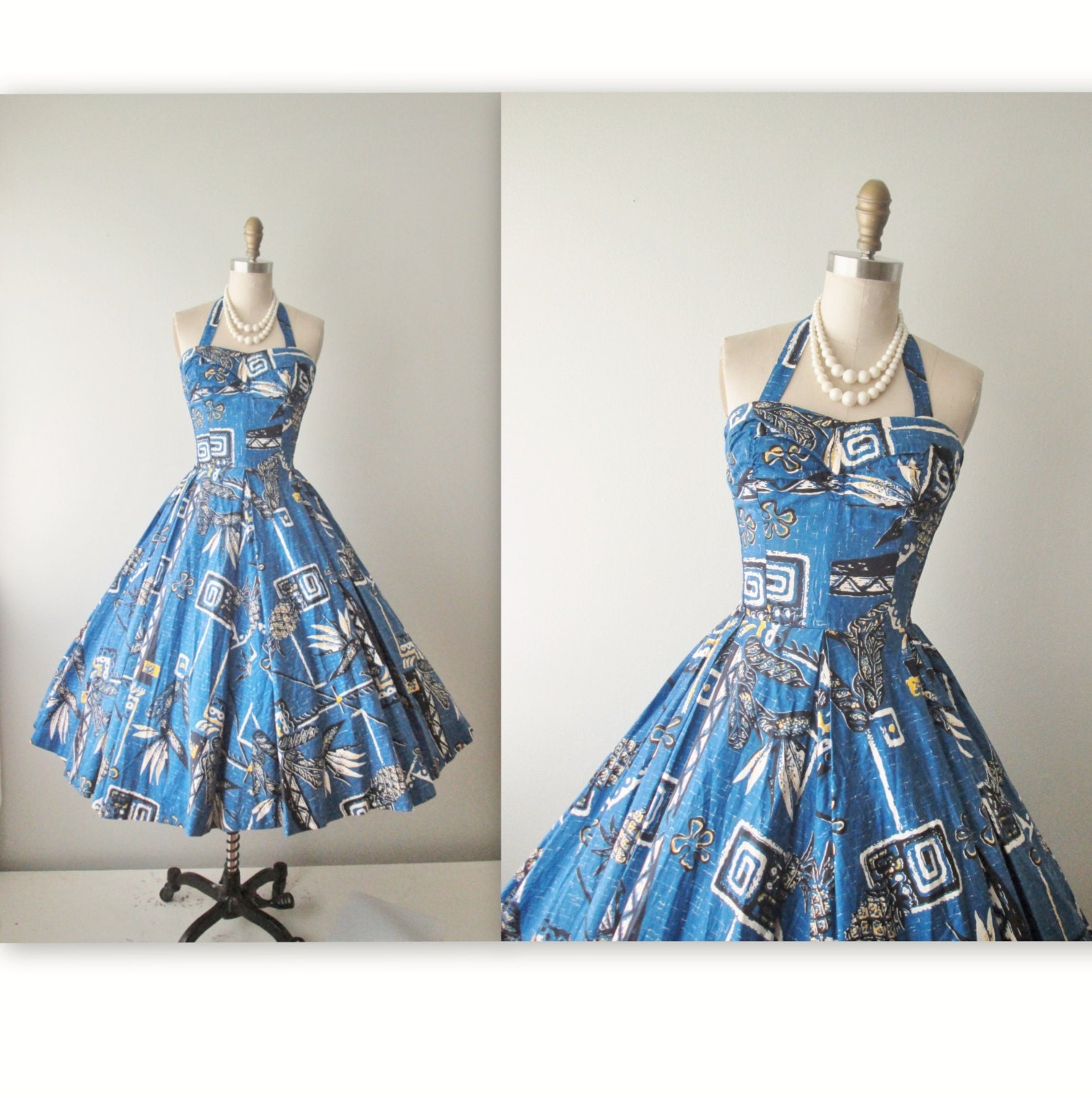 50's Shaheen Dress // Vintage 1950's Alfred Shaheen Hawaiian Tiki  Print Cotton Halter Circle Dress XS