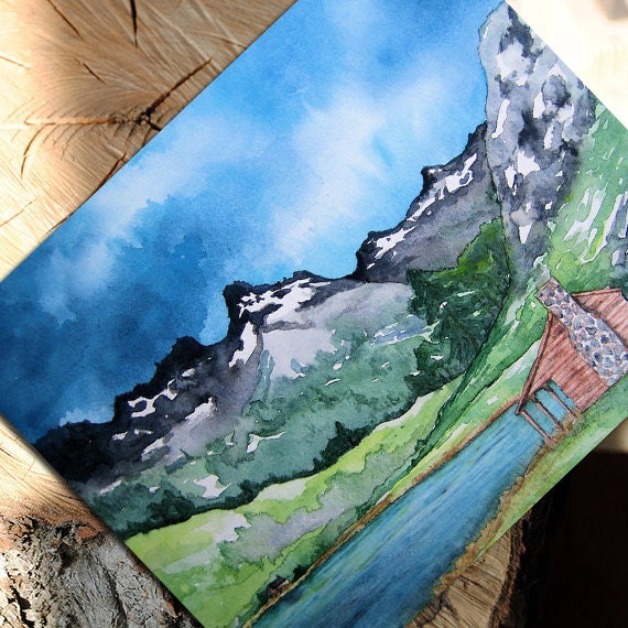 Serenity - Cabin in the Mountains Landscape Painting Reproduction Art Card