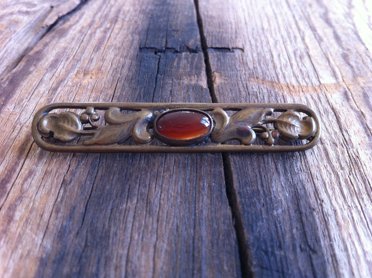 antique brooch / 1910s brass brooch / bar pin / DRAGONS BREATH