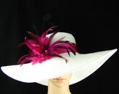 Derby Hat, Kentucky Derby Hat, Pink Feather Flower Hat, White Wide Brim Hat ,Wedding Hat,Tea Party ,Ascot Horse Racing