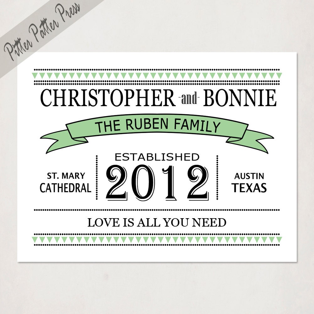 Personalized Wedding Sign Gift // Custom Housewarming Art Print // Typography Names for the Home // light green and black // 8x10