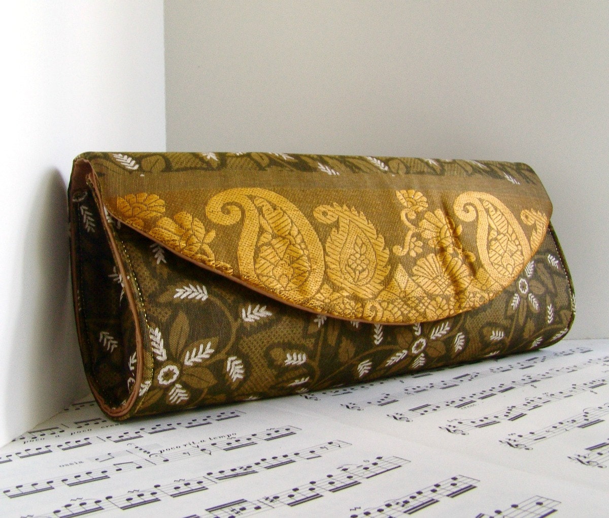 Moss green and gold indian sari clutch purse with paisleys.