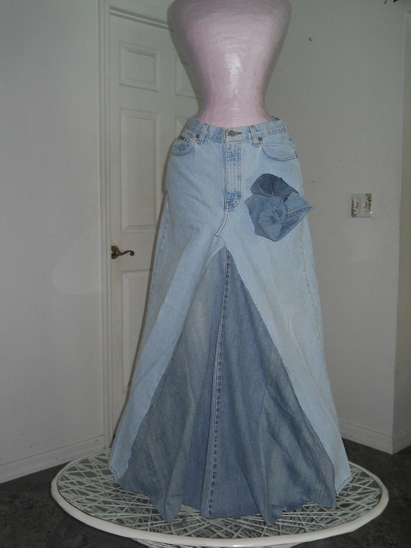 Belle Bohémienne bohemian ballroom jean skirt  Renaissance Denim Couture fairy goddess mermaid altered couture with HUGE rose pin