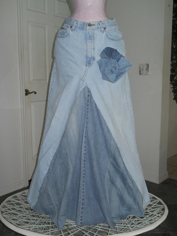 Belle Bohémienne bohemian ballroom jean skirt  Renaissance Denim Couture fairy goddess mermaid altered couture with HUGE rose pin