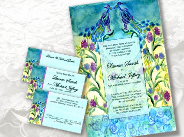 Printable Wedding Invitation Set - Wedding invites set - Print your own - digital files - Blue Peacocks