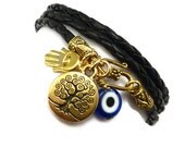 Leather Wrap Bracelet with Gold Protection Charms,yoga jewelry,wrap bracelet,  wrap around, wrist wrap