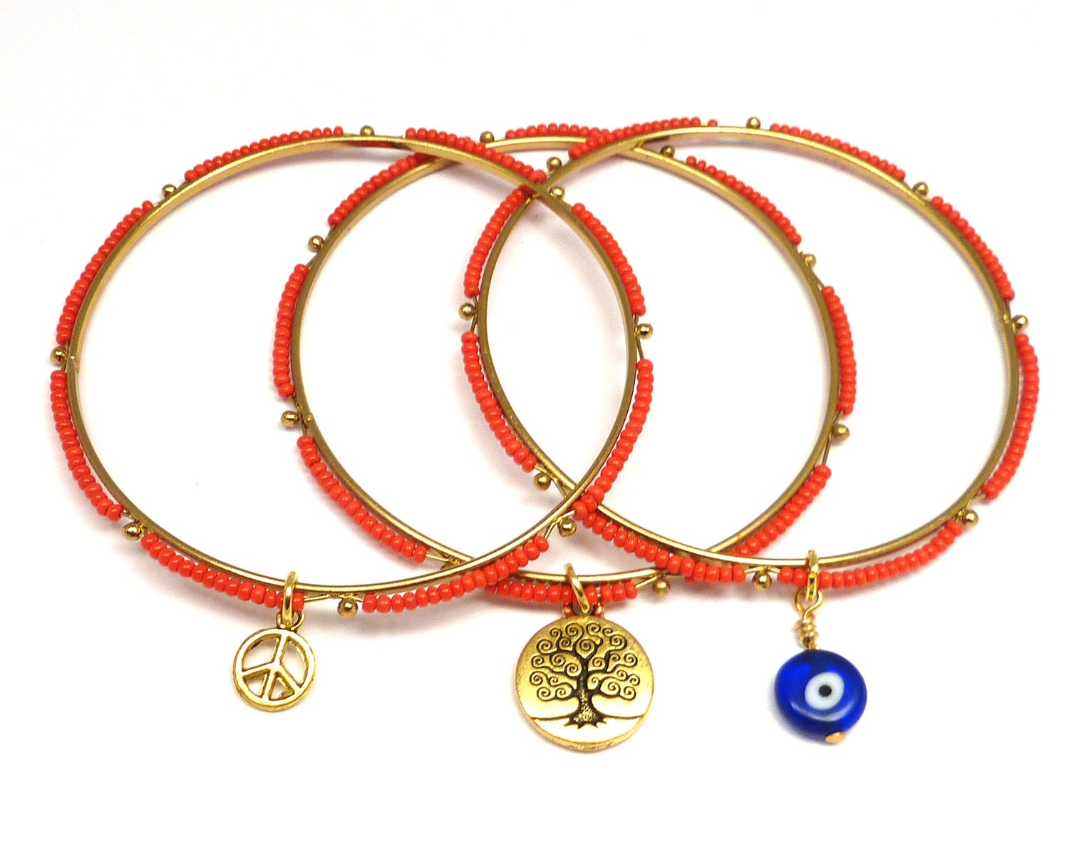 Bangle Bracelet Set with Tree of Life, Evil Eye,and Peace Sign  Charms, yoga jewelry, yoga bracelet, , boho chic jewelry, bohemian jewelry