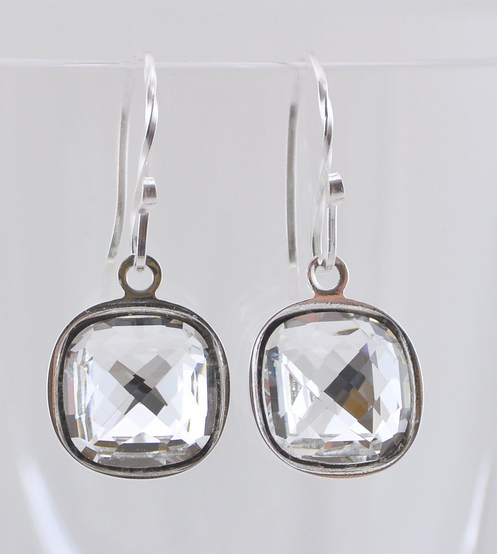 Swarovski Crystal Cushion Cut Earrings, Sterling Silver, Clear Crystal, Swarovski Earring, Dangle, Drop, Glass, Bridesmaid Earring