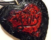Forever Love Heart Pendant with Gothic Lace & Floral Design - Twilight Inspired, Blood Red, Womens Jewelry, Romantic, Gift for Her, OOAK