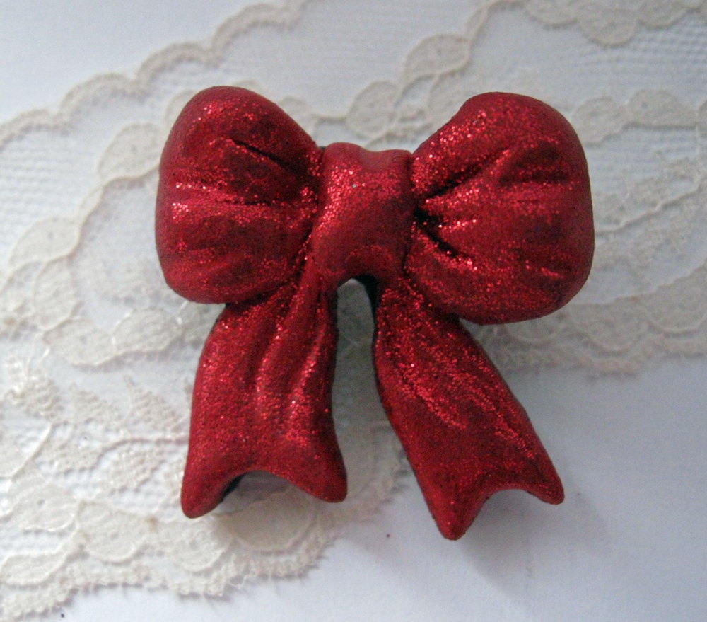 Bow Ribbon Brooch, Red Glitter Bow, Badge for girls