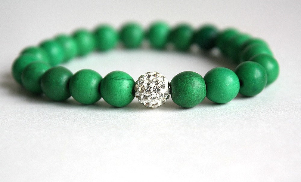 Emerald Green Stone Stacking Bracelet with Silver Pavé Crystal Bead Stretch Bracelet Bohemian Jewelry