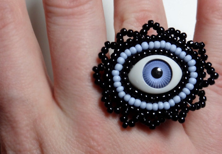 Staring - Evil Eye Ring in Blue and Black Adjustable Bead Embriodered