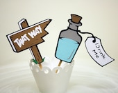 Alice In Wonderland Drink Me Bottle & That Way Sign Cupcake Toppers / Cake Topper