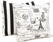 MEMORIAL DAY SALE Pillow Covers Black Stripe and French Script Accent Pillows Awning Stripe Throw Pillow Cushion Covers 18 x 18 Inches - Bl