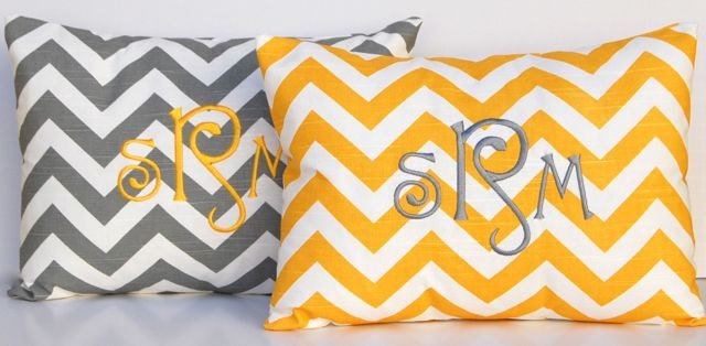 Monogrammed Pillow Yellow OR Gray Chevron Pillow Cover with Insert Embroidered 12 x 16 Personalized Gift Housewarming Gift Baby Wedding