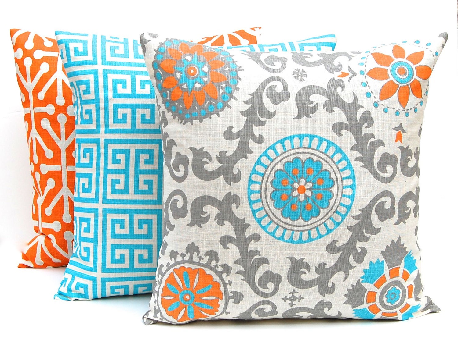 MEMORIAL DAY SALE Decorative Throw Pillow Covers Set of Three Turquoise, Orange and Gray on Natural20 x 20 Inches Suzani Greek Key Jacks