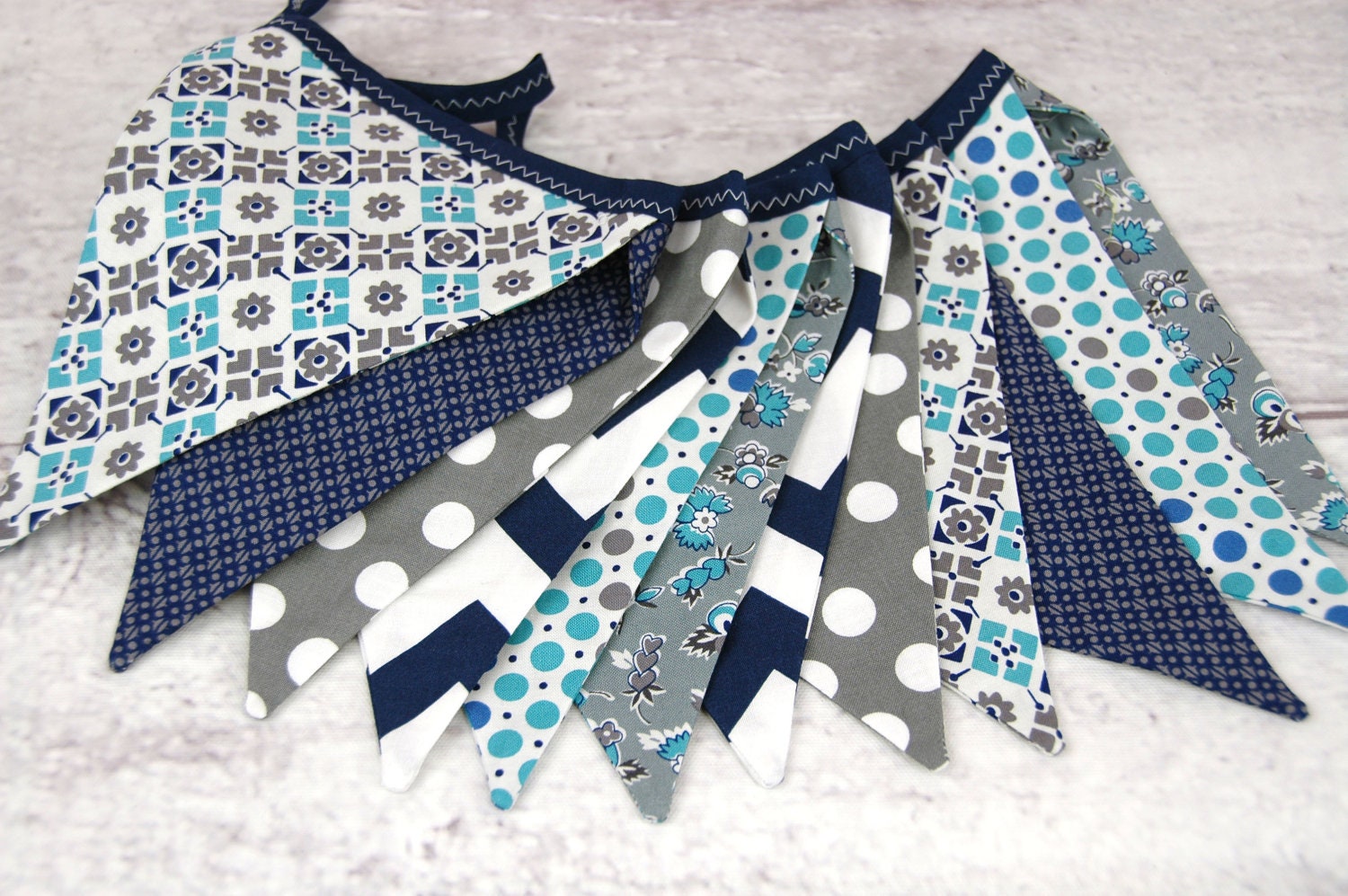 Eco-Friendly Reusable Fabric Bunting, Banner, Pennant, Flag, Garland, Photo Prop, Decoration in Navy Turquoise Blue Gray White
