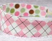Reversible Fabric Headband- Children Toddler in Ann Kelle Remix Pastel Pink Green Argyle and Polka Dot