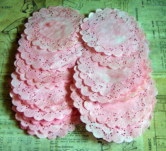 PEONY PINK Distressed Paper Lace Doilies 4 inch by CreateLovely