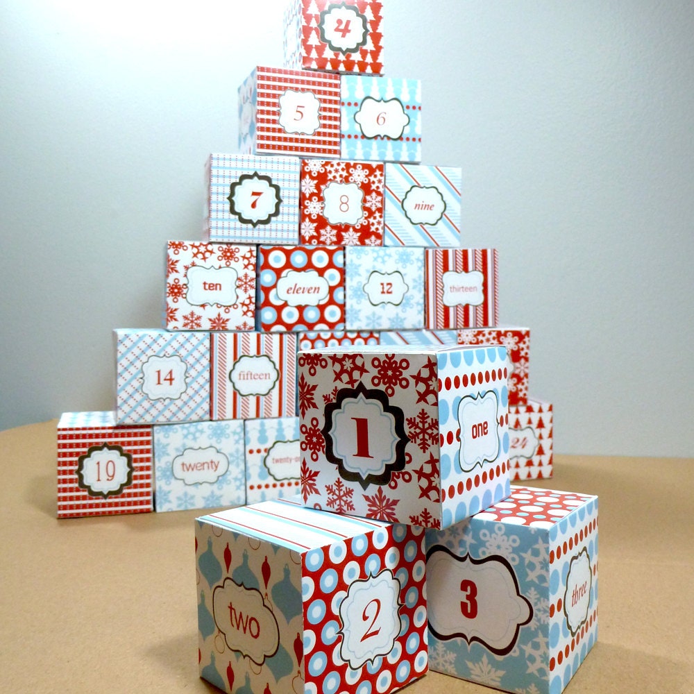 DIY Advent Calendar Boxes - Printable PDF Templates - Red and Blue Christmas