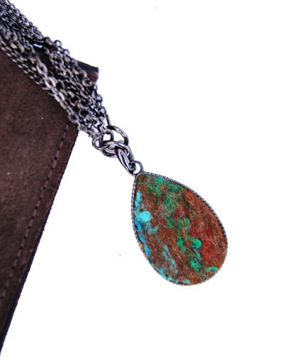 Elena's Felted Jewelry - Multicolour Blue Green Red Brown Drop Shaped Pendant