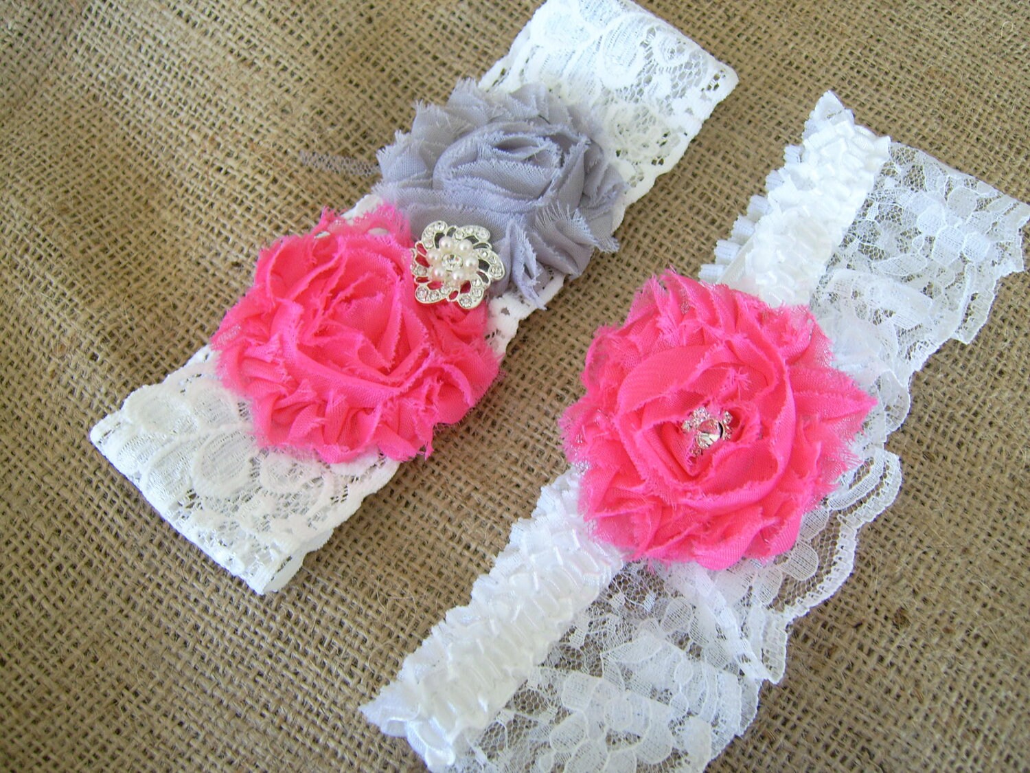 Vintage style Lace flower wedding garter set bridal garter hot pink and gray