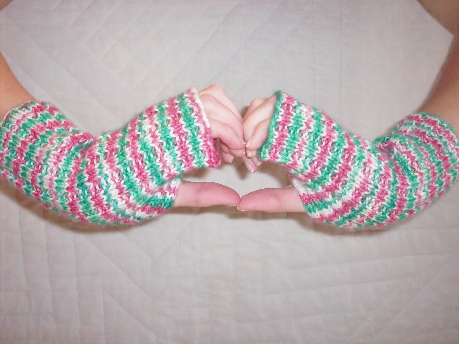 Christmas Candy Striped Superwash Merino Wool Handknit Fingerless Gloves