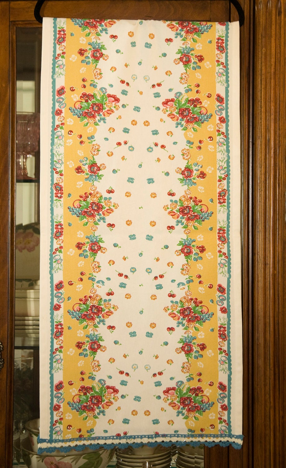 Table Runner Vintage Garden Print on white with Blue Crotchet Trim /Retro table Runner