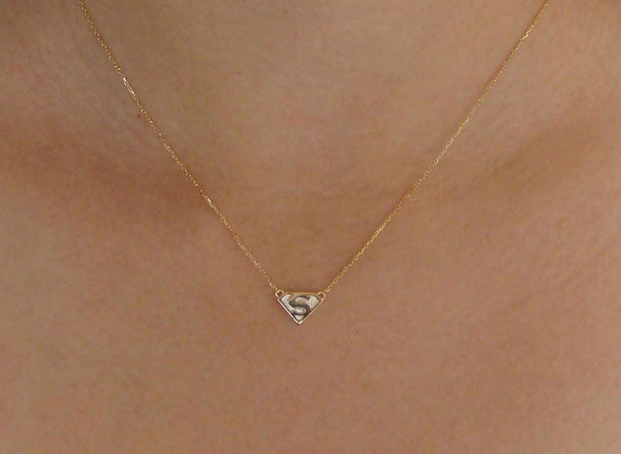 New - Gold Superman - Superwoman Necklace  Fun, Cute Charm Necklace, Super Hero Jewelry, Gold Filled Necklace, Comic Book Heros