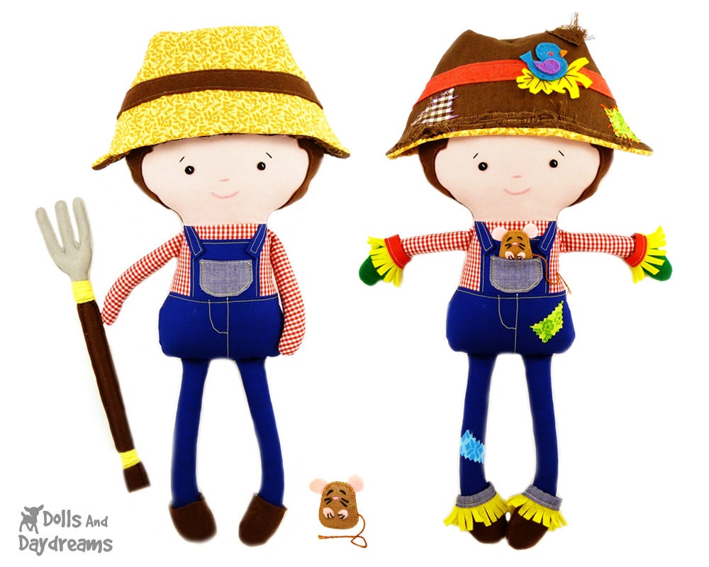 Scarecrow Farmer Sewing Pattern PDF Doll Tutorial - fork, felt mouse, reversible hat, shoes gloves included