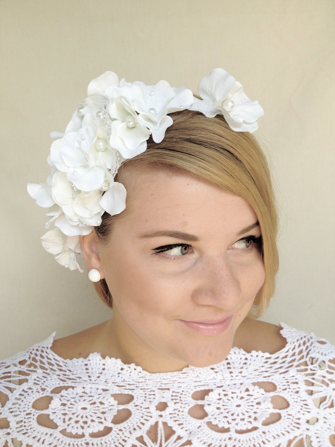 Pure Pleasure white hydrangea bridal headband